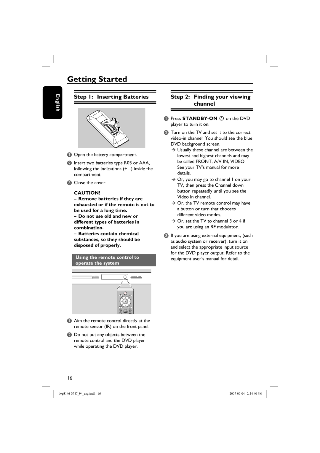 Philips DVP3747X/94, DVP3146 quick start Getting Started, Inserting Batteries, Finding your viewing channel 