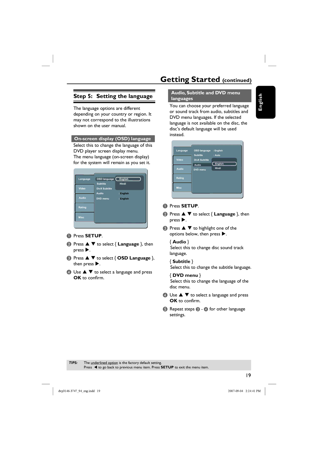 Philips DVP3747X/94, DVP3146 quick start Audio, Subtitle and DVD menu, Languages, English On-screen display OSD language 