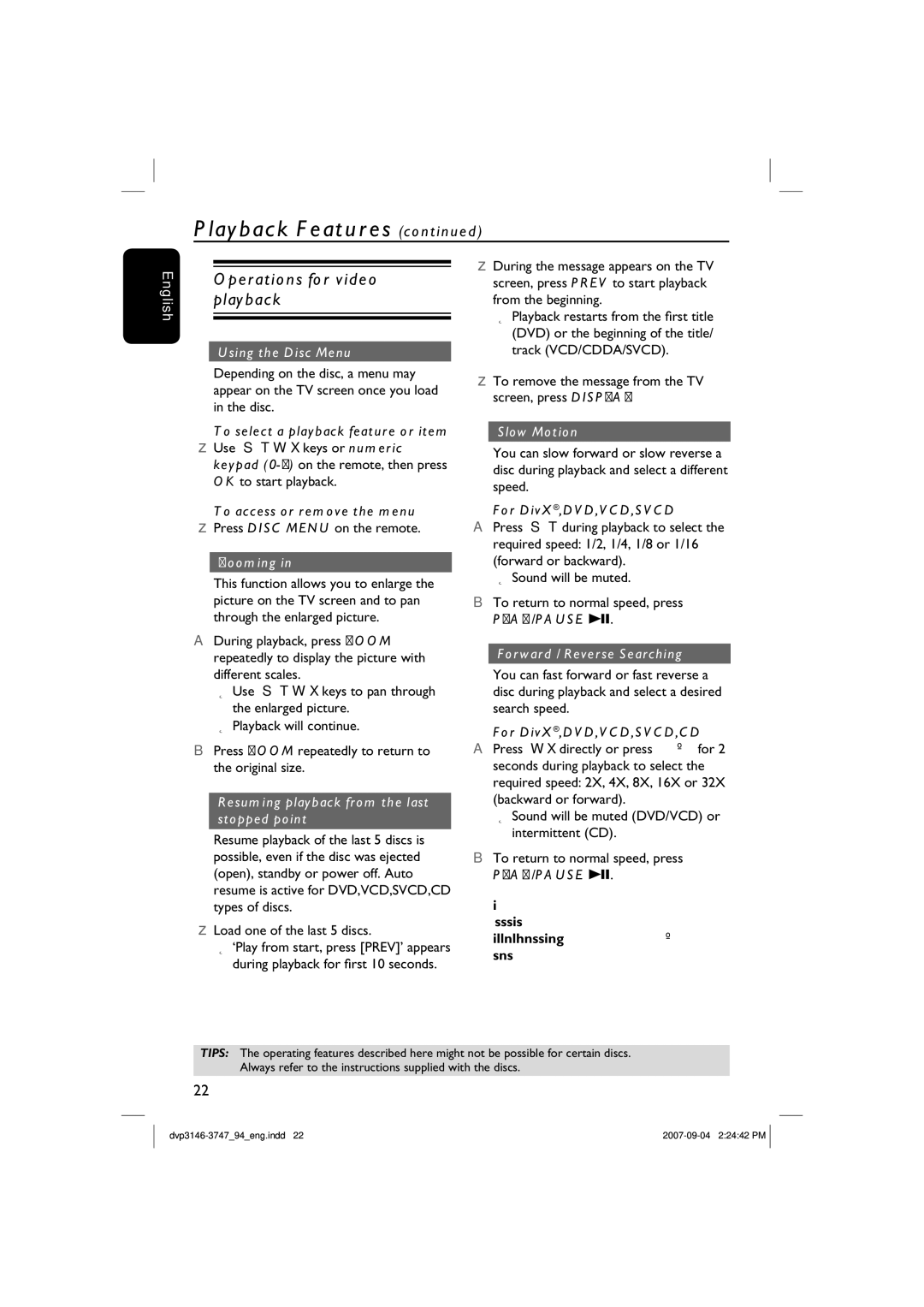 Philips DVP3747X/94, DVP3146 quick start Operations for video playback 