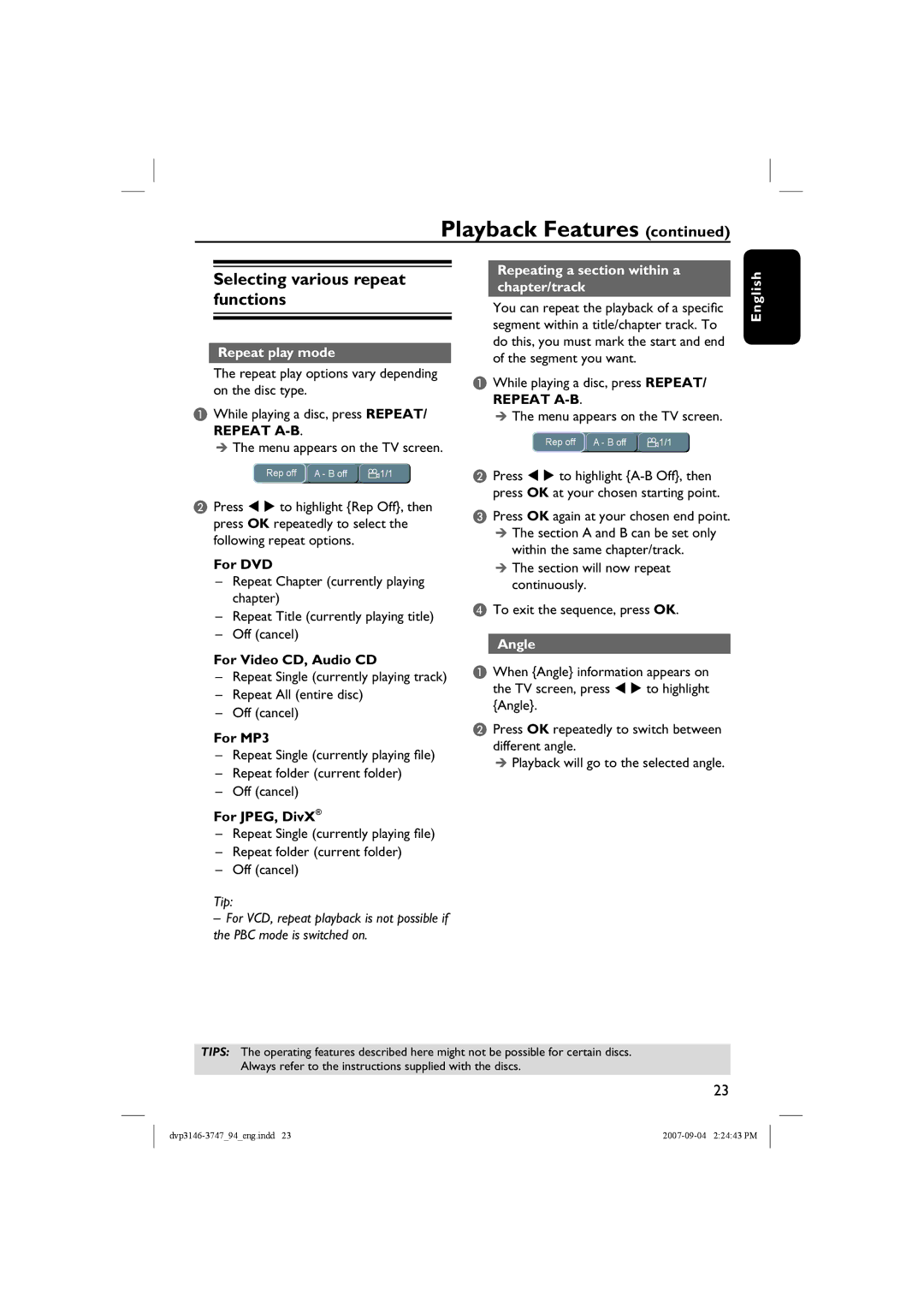 Philips DVP3747X Selecting various repeat functions, Repeat play mode, Repeating a section within a chapter/track, Angle 