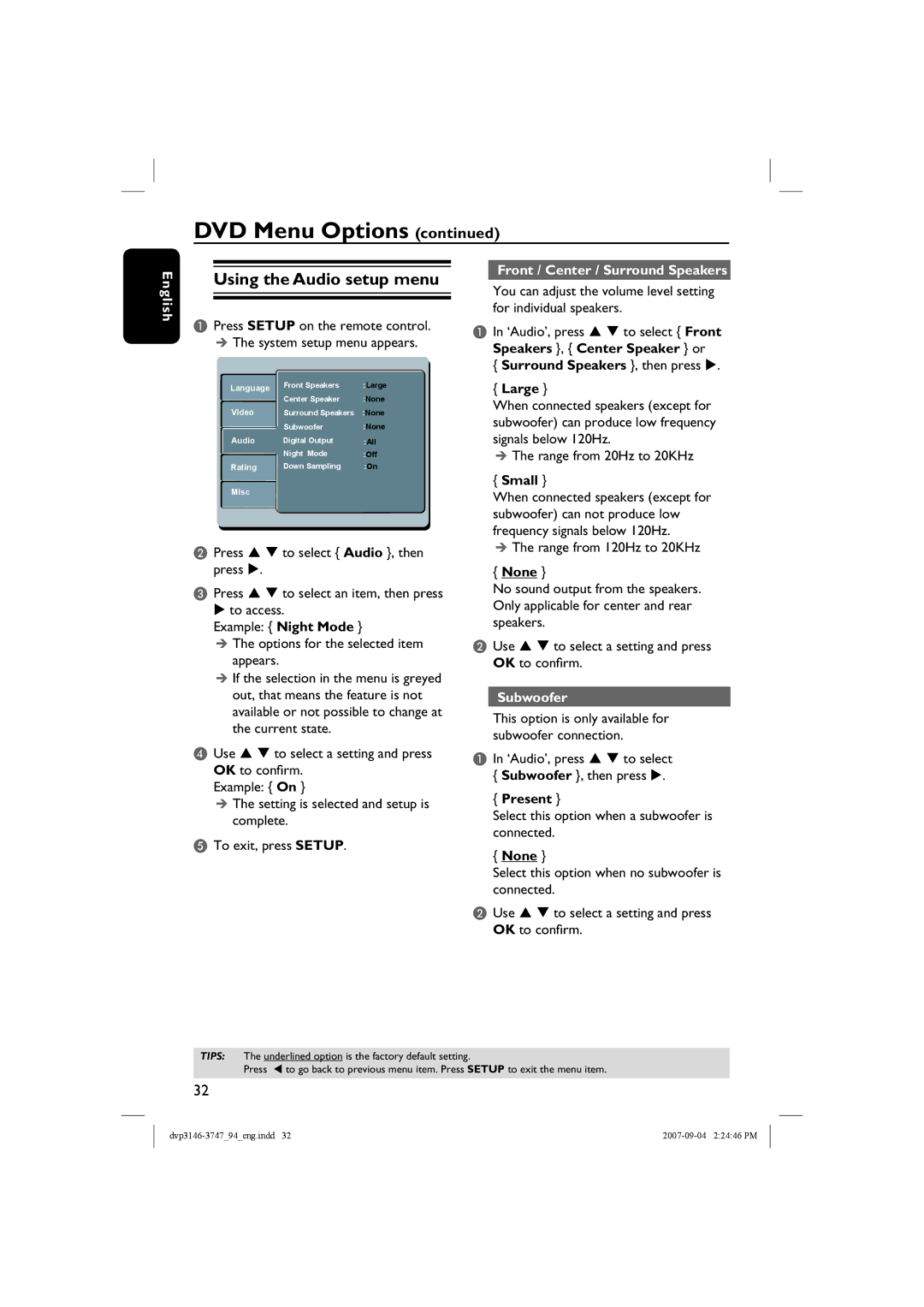 Philips DVP3146, DVP3747X/94 quick start Using the Audio setup menu, Front / Center / Surround Speakers, Subwoofer 