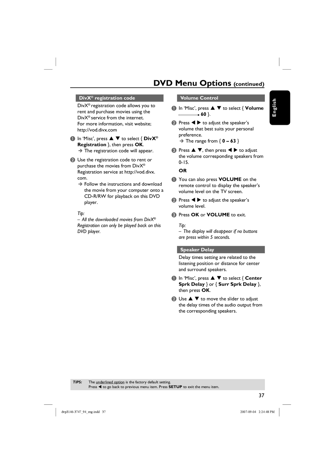 Philips DVP3747X/94 DivX registration code, For more information, visit website http//vod.divx.com, Volume Control 