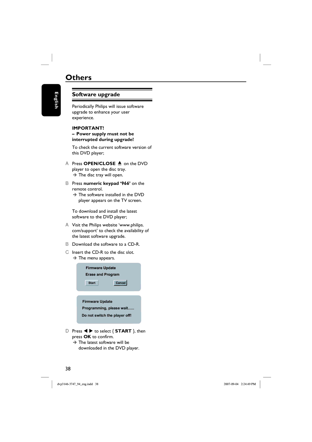 Philips DVP3146, DVP3747X/94 quick start Others, Software upgrade, Power supply must not be interrupted during upgrade 