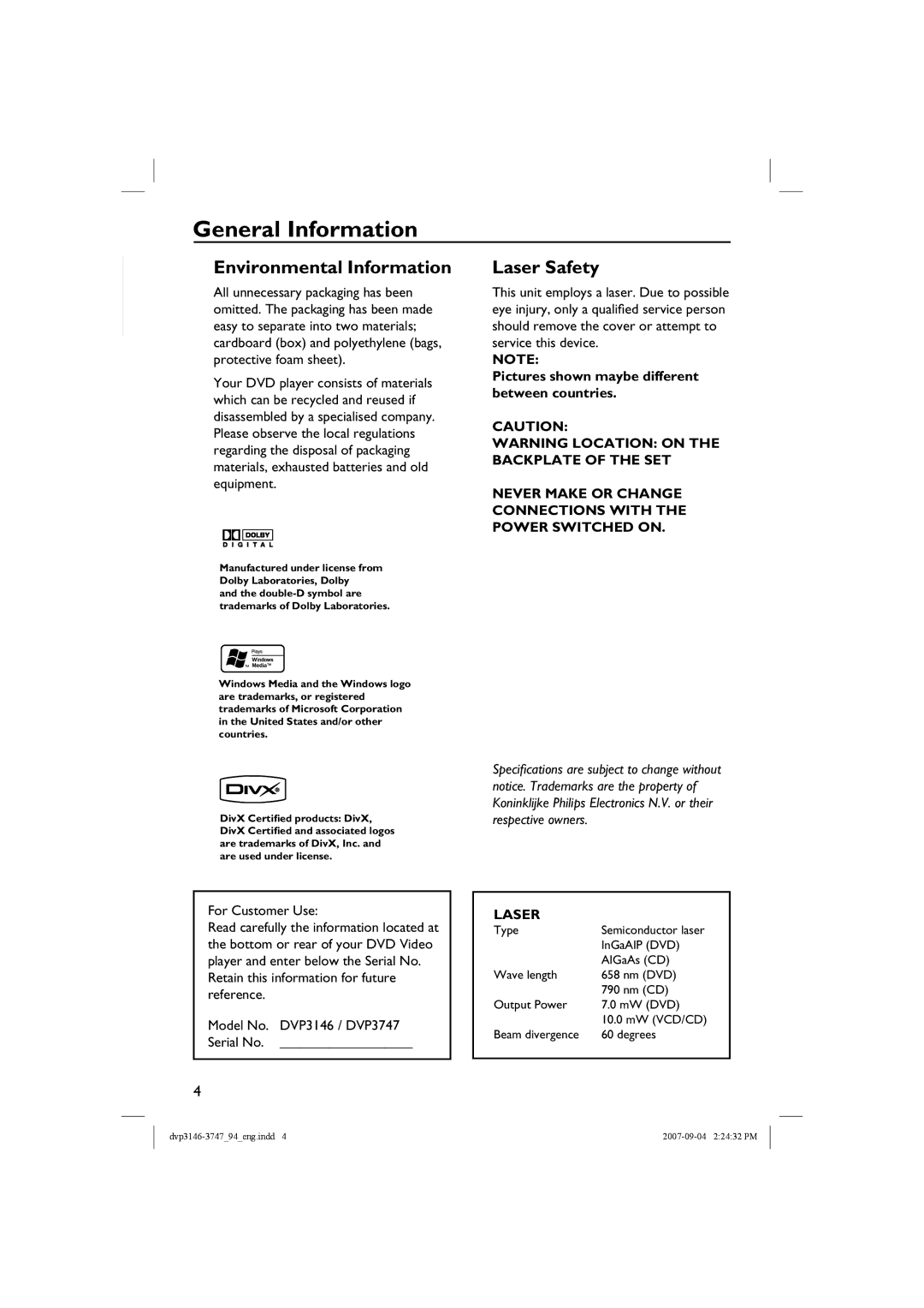 Philips DVP3747X/94 General Information, English, Pictures shown maybe different between countries, For Customer Use 