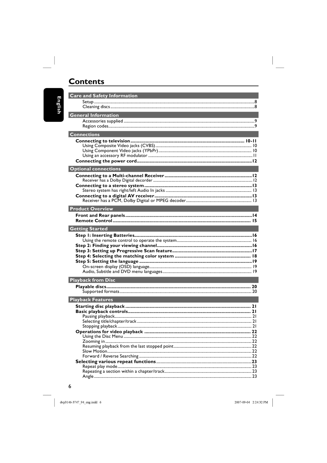 Philips DVP3146, DVP3747X/94 quick start Contents 