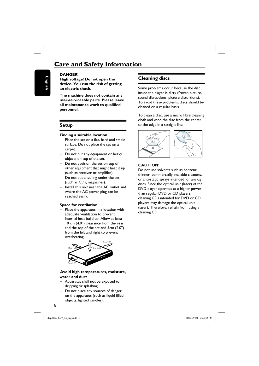 Philips DVP3146, DVP3747X/94 quick start Care and Safety Information, Setup, Cleaning discs 