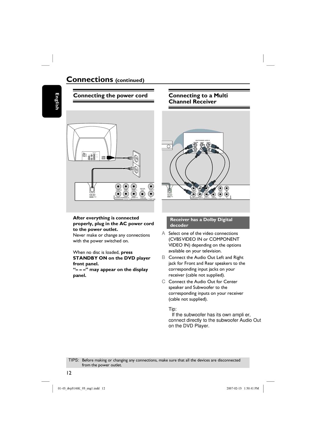 Philips DVP3146K/93 user manual When no disc is loaded, press, Receiver has a Dolby Digital decoder 