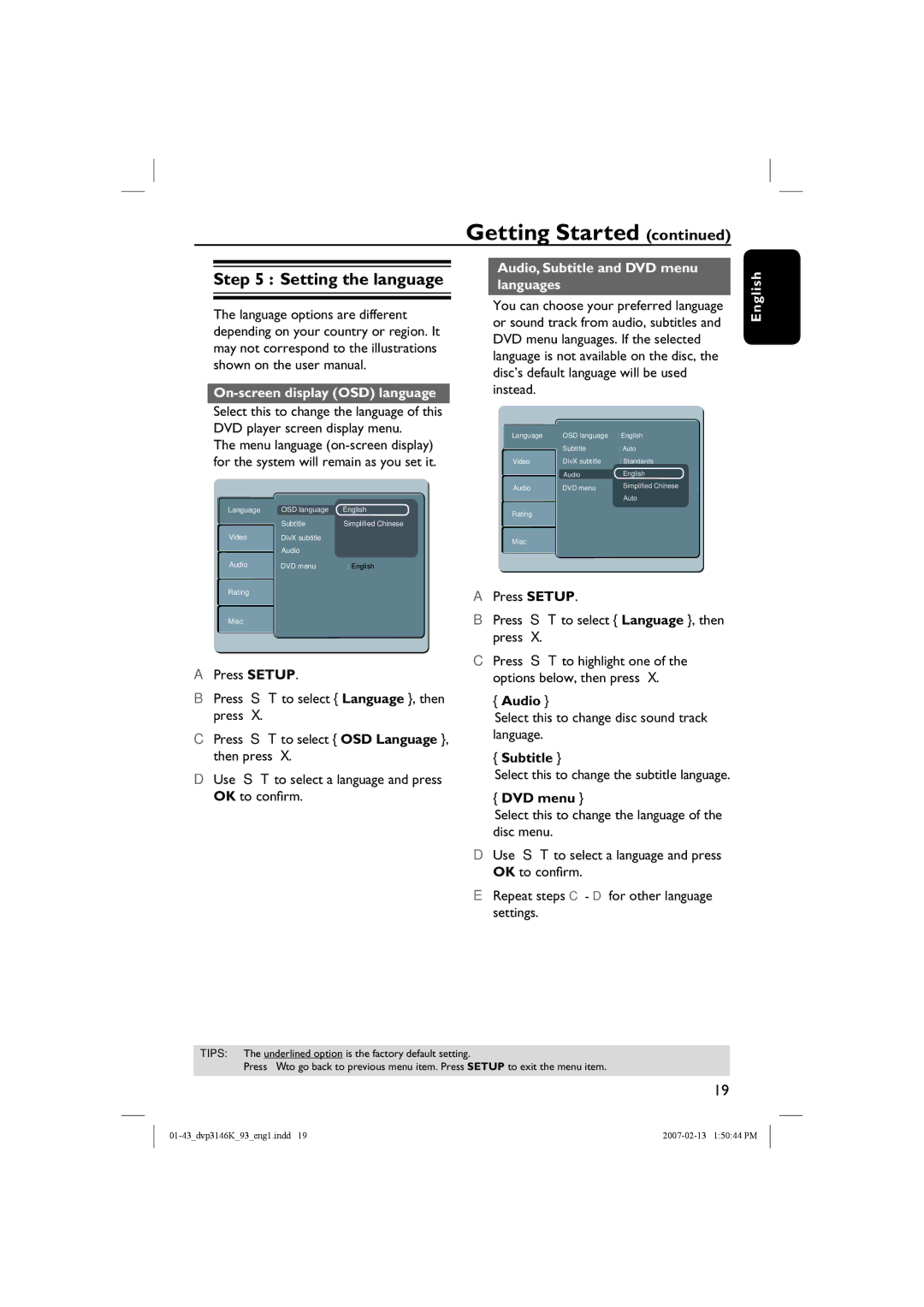 Philips DVP3146K/93 Setting the language, On-screen display OSD language, Audio, Subtitle and DVD menu languages 