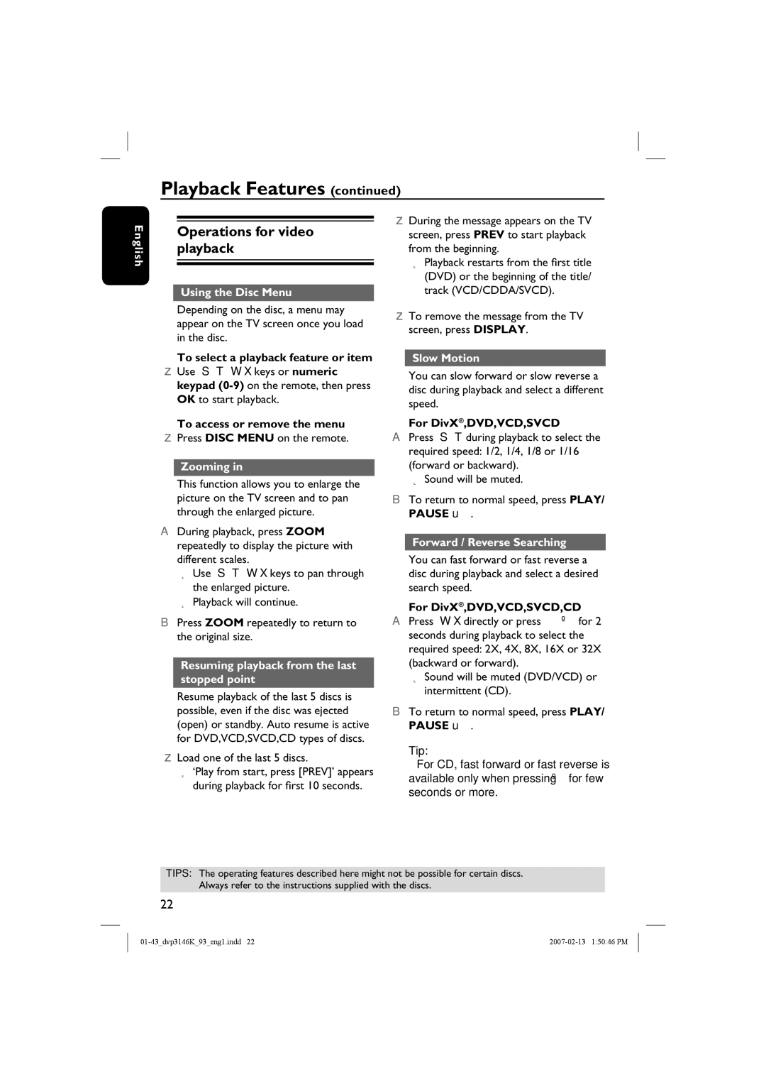 Philips DVP3146K/93 user manual Operations for video playback 