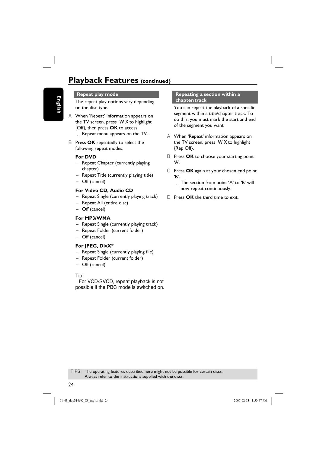 Philips DVP3146K/93 user manual English Repeat play mode, Repeating a section within a chapter/track 