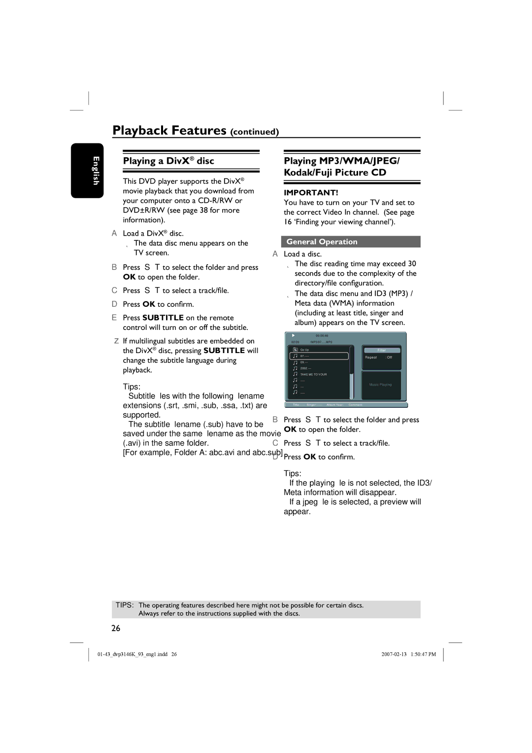 Philips DVP3146K/93 user manual Playing a DivX disc, Playing MP3/WMA/JPEG/ Kodak/Fuji Picture CD, General Operation 