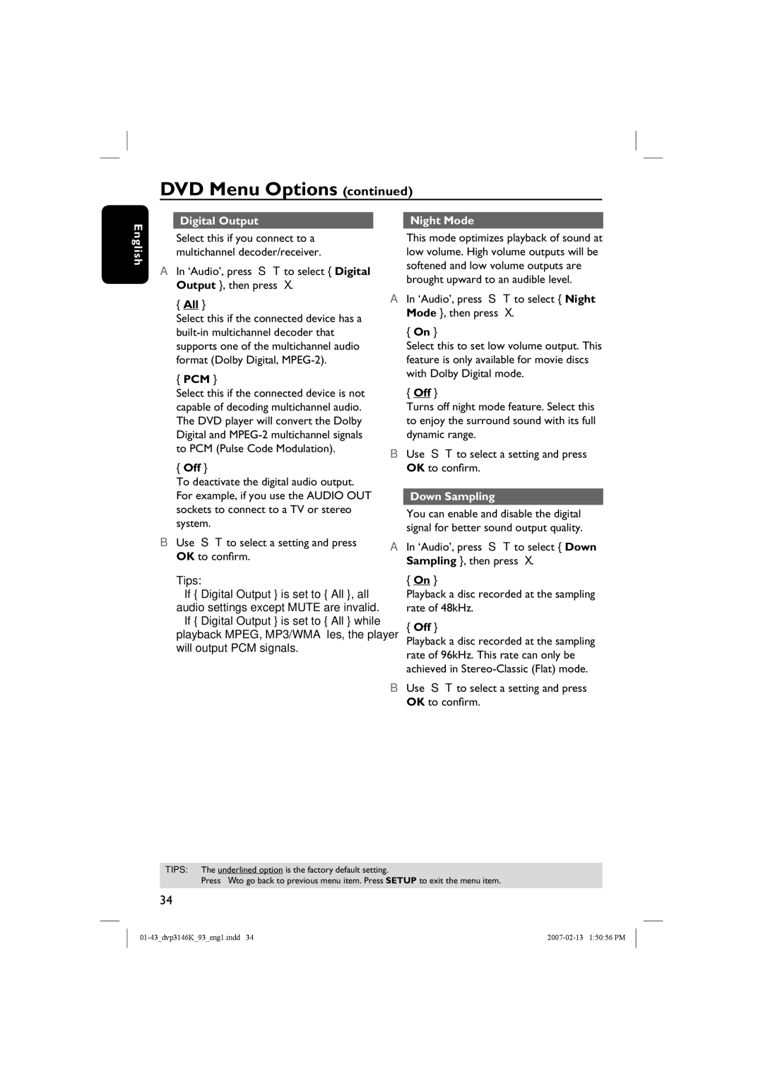 Philips DVP3146K/93 user manual Digital Output Night Mode English, All, Pcm, Off, Down Sampling 