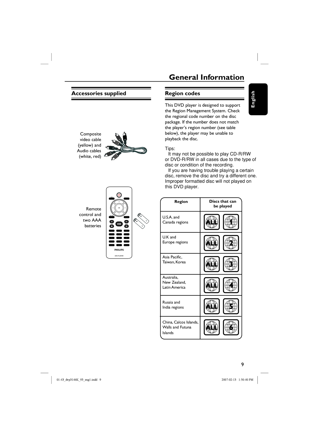 Philips DVP3146K/93 user manual Accessories supplied, Region codes, Remote control and two AAA batteries 