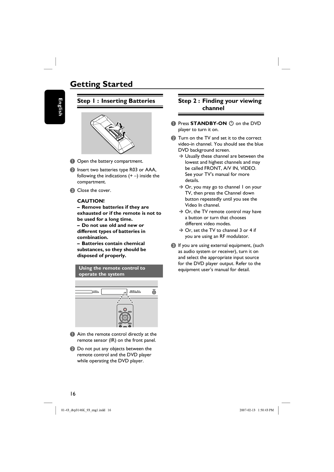 Philips DVP3146K/93 user manual Getting Started, Inserting Batteries, Finding your viewing channel, English 