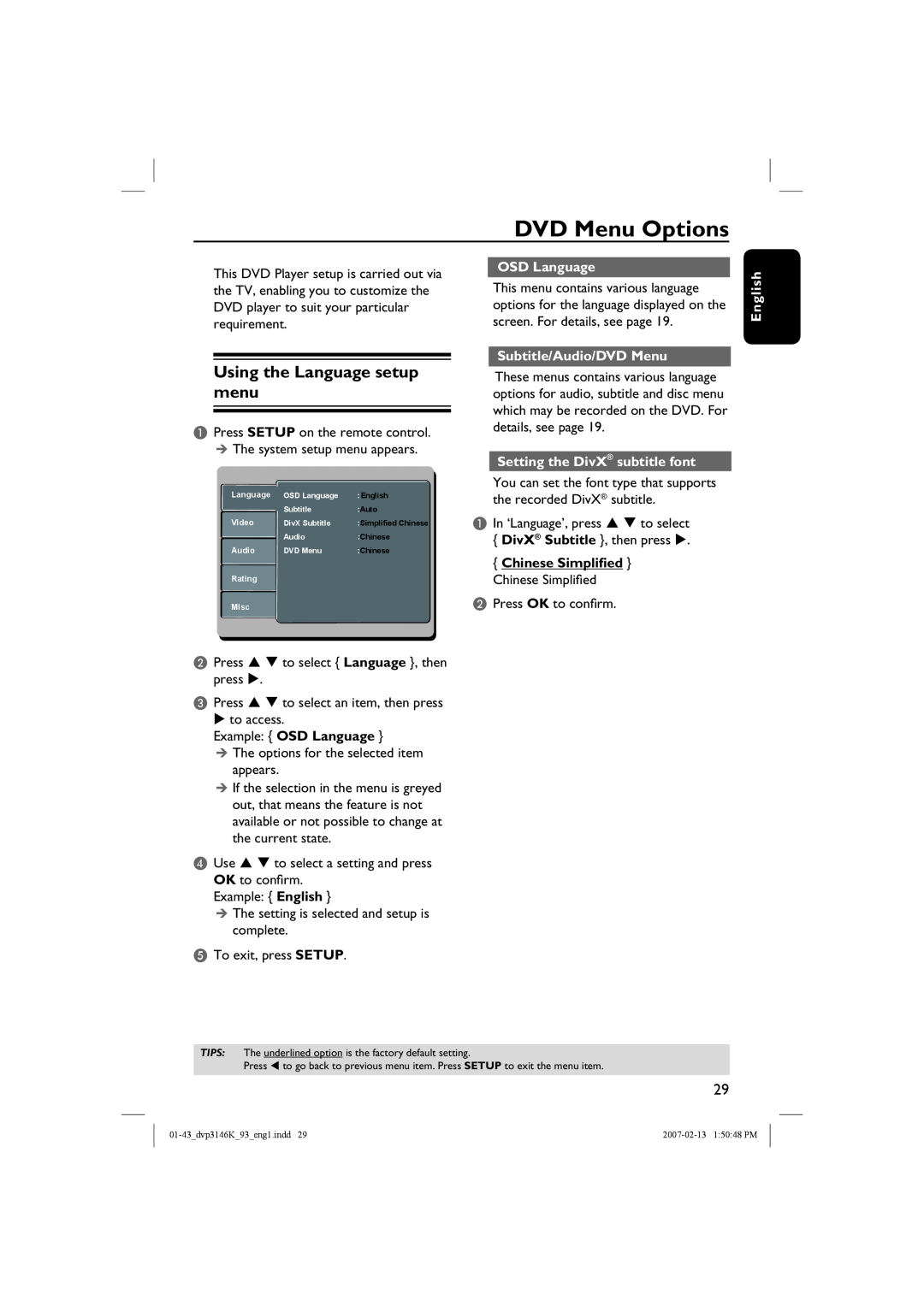 Philips DVP3146K/93 DVD Menu Options, Using the Language setup menu, Example OSD Language, Subtitle/Audio/DVD Menu 