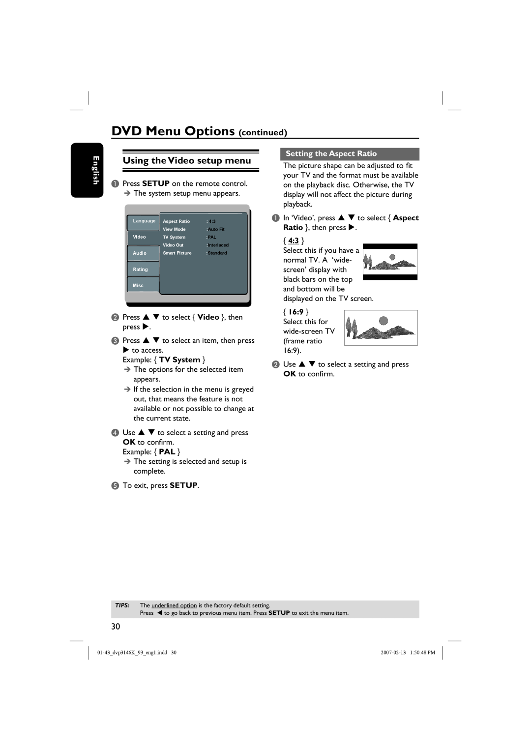 Philips DVP3146K/93 user manual DVD Menu Options continued, Using the Video setup menu, Setting the Aspect Ratio, English 