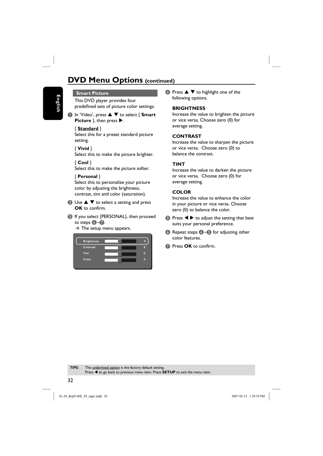 Philips DVP3146K/93 user manual Smart Picture, Standard, Vivid, Cool, Personal, Brightness, Contrast, Tint, Color, English 
