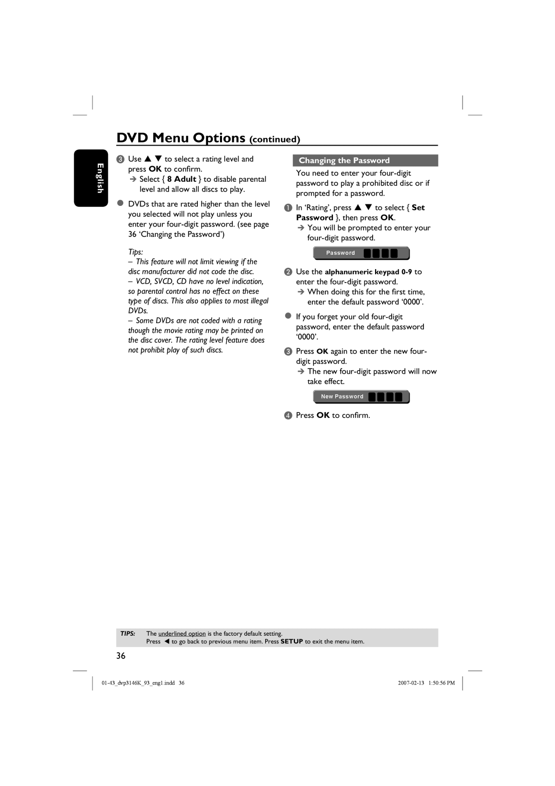 Philips DVP3146K/93 user manual Changing the Password, DVD Menu Options continued, English, Tips 
