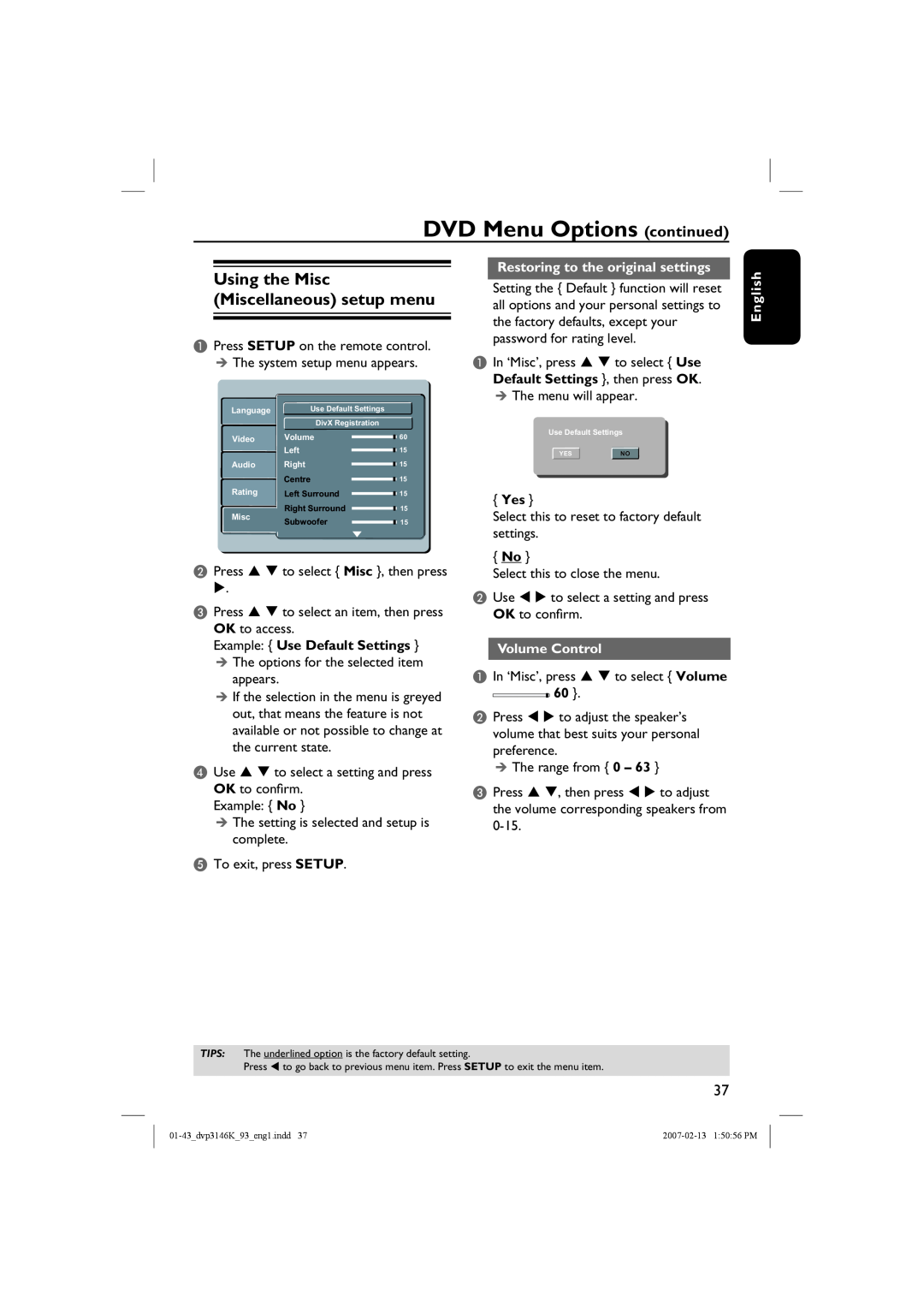 Philips DVP3146K/93 Using the Misc Miscellaneous setup menu, Restoring to the original settings, Volume Control, English 