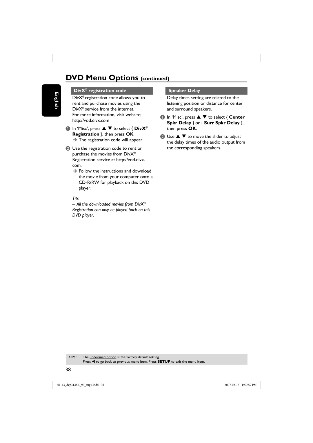 Philips DVP3146K/93 user manual DivX registration code, Speaker Delay, DVD Menu Options continued, English 