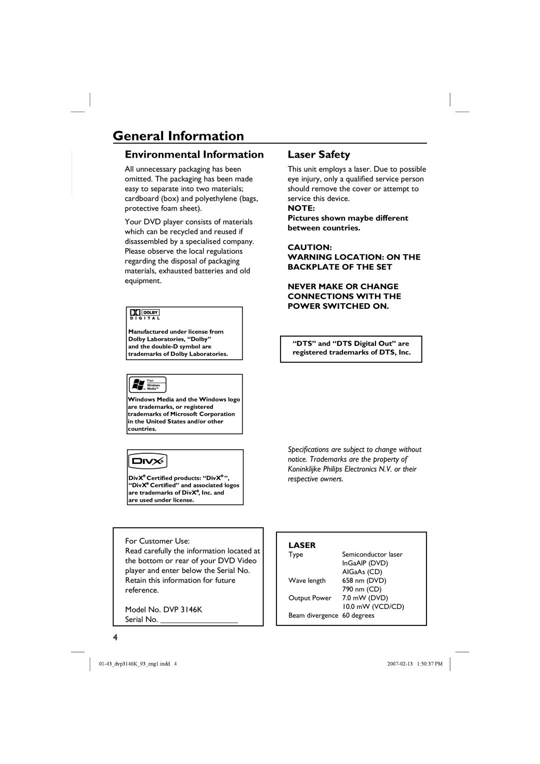 Philips DVP3146K/93 user manual General Information, Environmental Information, Laser Safety, English 