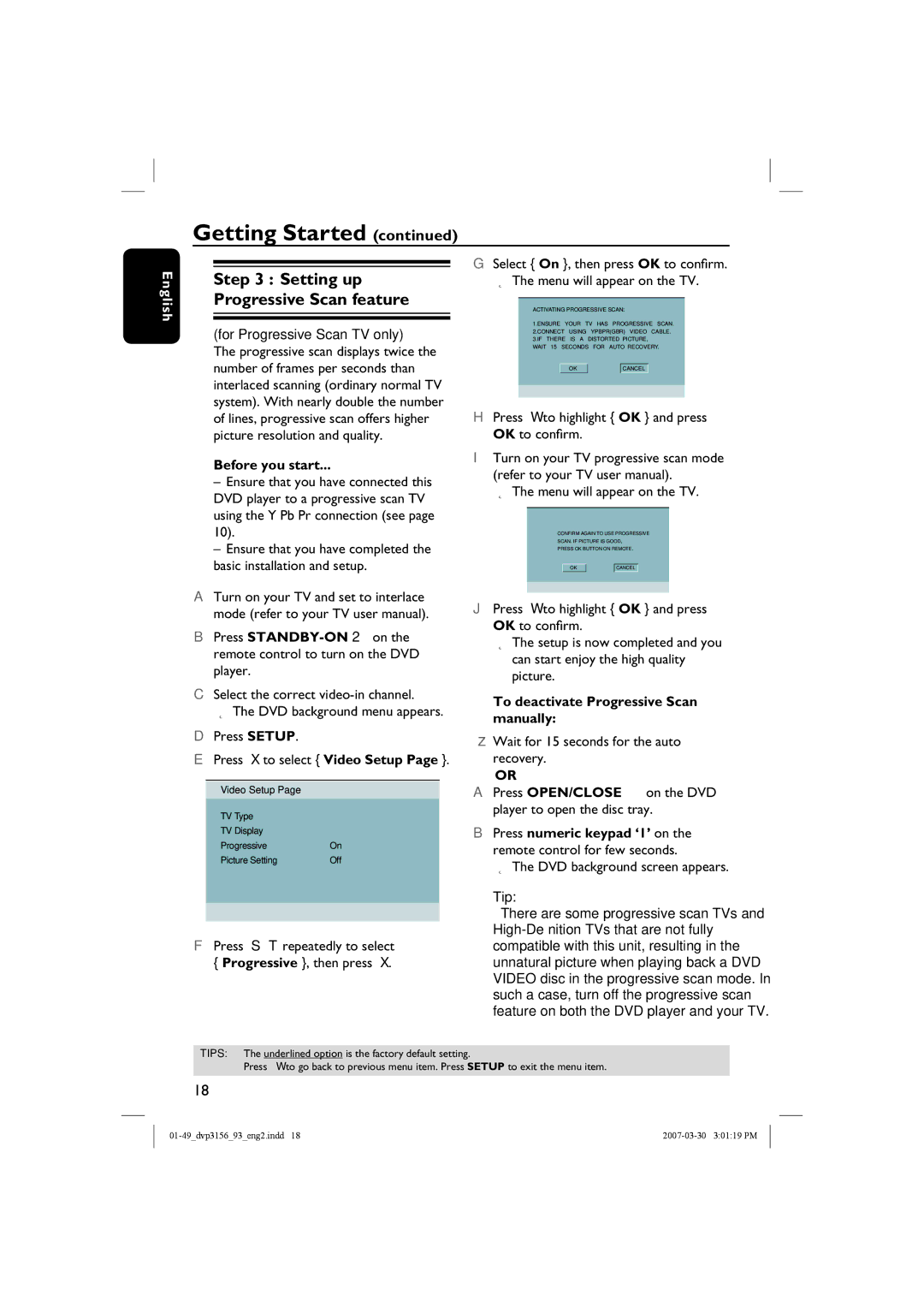 Philips DVP3156/93 user manual Before you start, To deactivate Progressive Scan manually, DVD background screen appears 