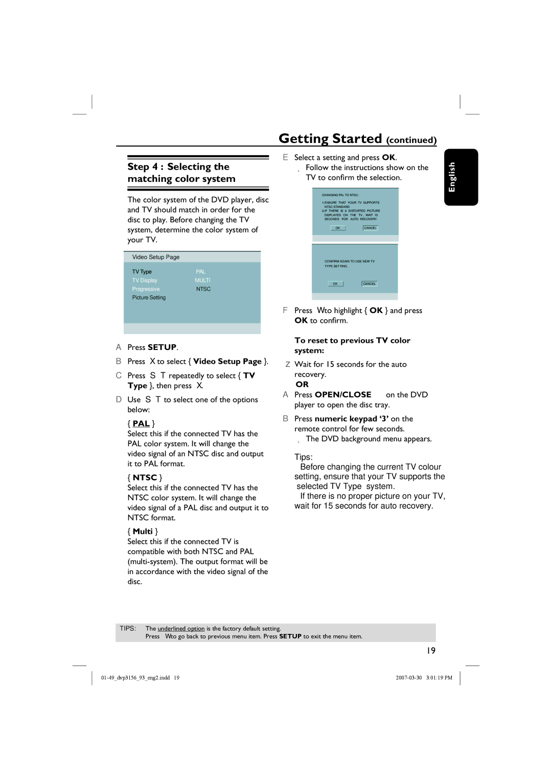 Philips DVP3156/93 user manual Selecting the matching color system, Pal, Ntsc, Multi, To reset to previous TV color system 