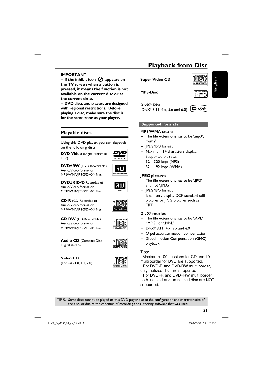 Philips DVP3156/93 user manual Playback from Disc, Playable discs, Supported formats 