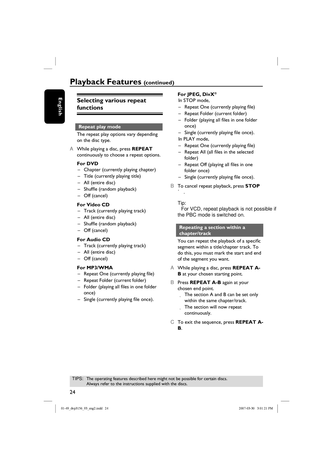 Philips DVP3156 Selecting various repeat functions, Repeat play mode, Repeating a section within a chapter/track 