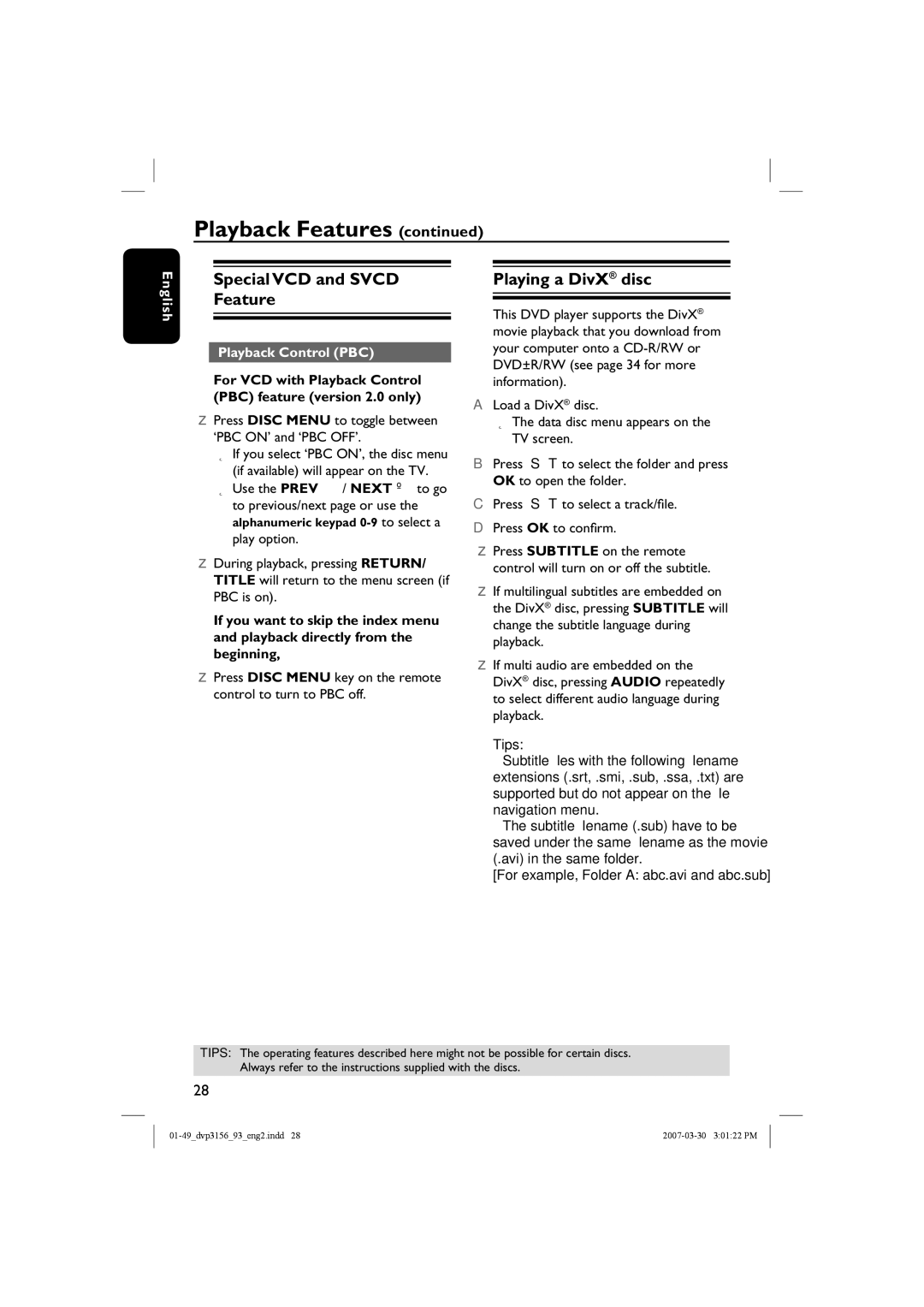 Philips DVP3156/93 user manual Special VCD and Svcd Feature, Playing a DivX disc, Playback Control PBC 