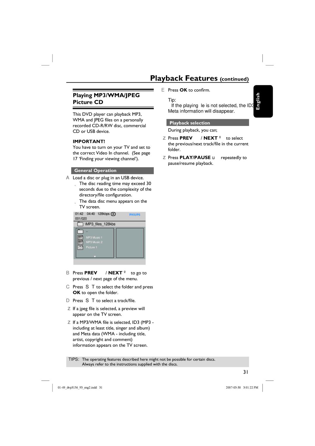 Philips DVP3156/93 user manual Playing MP3/WMA/JPEG Picture CD, General Operation, Playback selection 