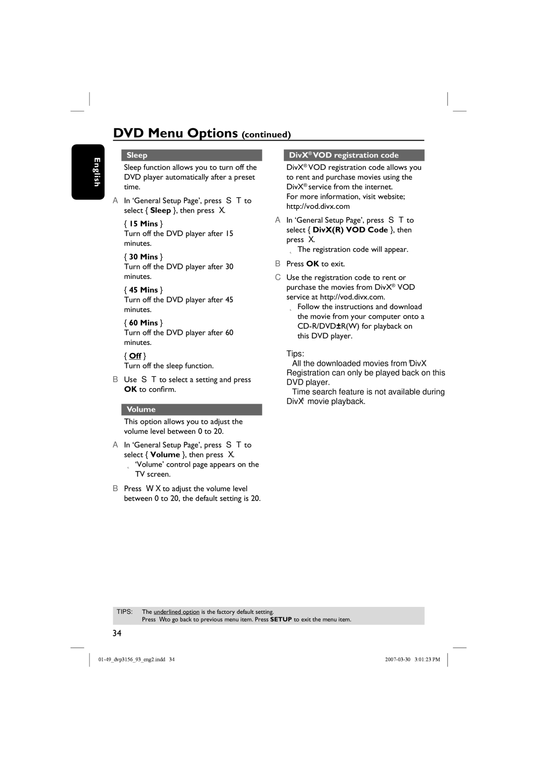 Philips DVP3156/93 user manual Sleep DivX VOD registration code English, Mins, Off, Volume 