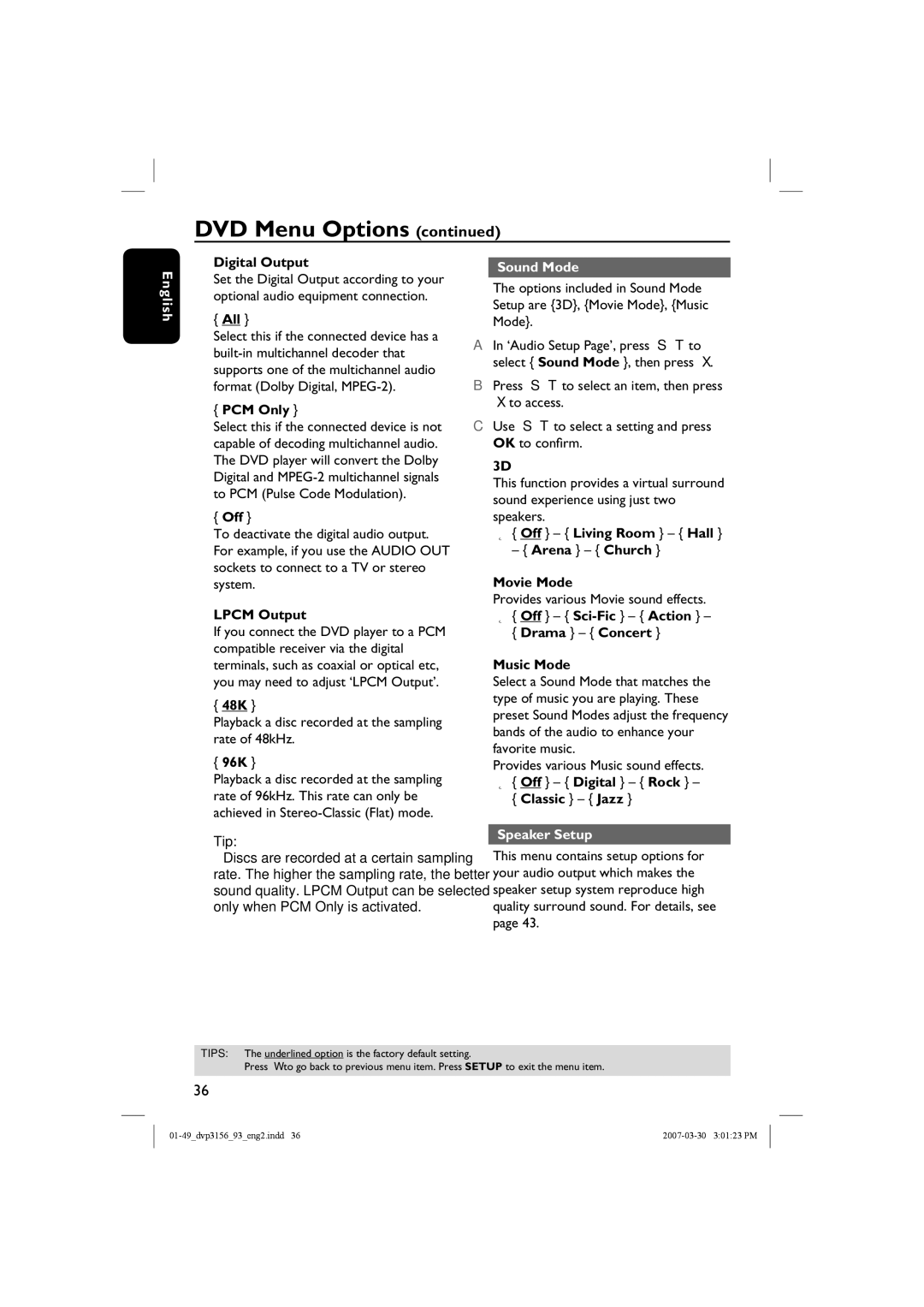 Philips DVP3156/93 user manual Sound Mode, Speaker Setup 