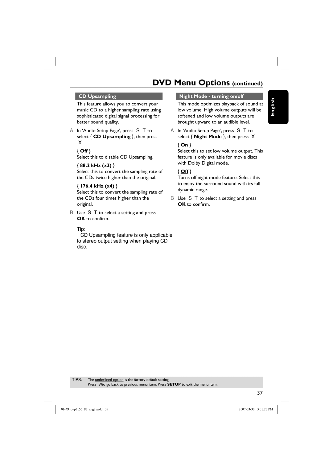 Philips DVP3156/93 CD Upsampling Night Mode turning on/off, Select this to disable CD Upsampling, 88.2 kHz, 176.4 kHz 