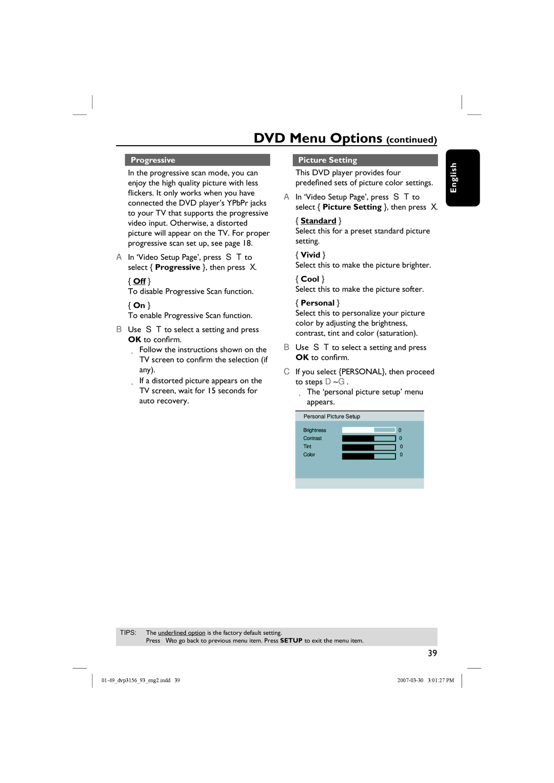 Philips DVP3156/93 user manual Progressive, Picture Setting 