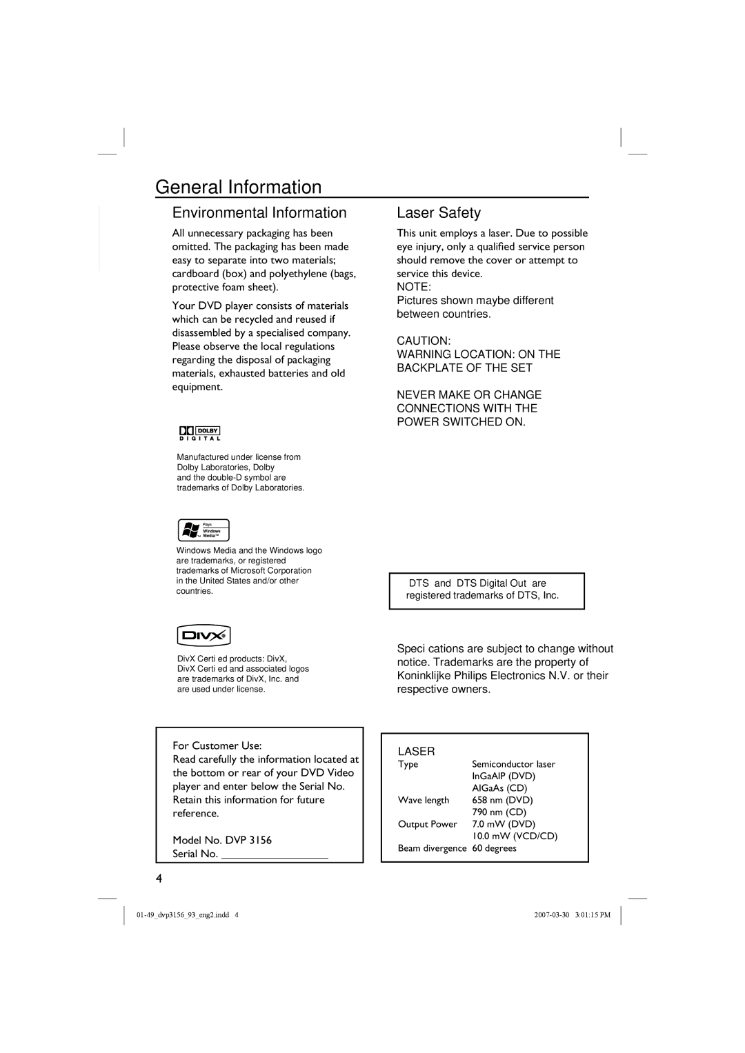 Philips DVP3156/93 user manual General Information, Pictures shown maybe different between countries, For Customer Use 