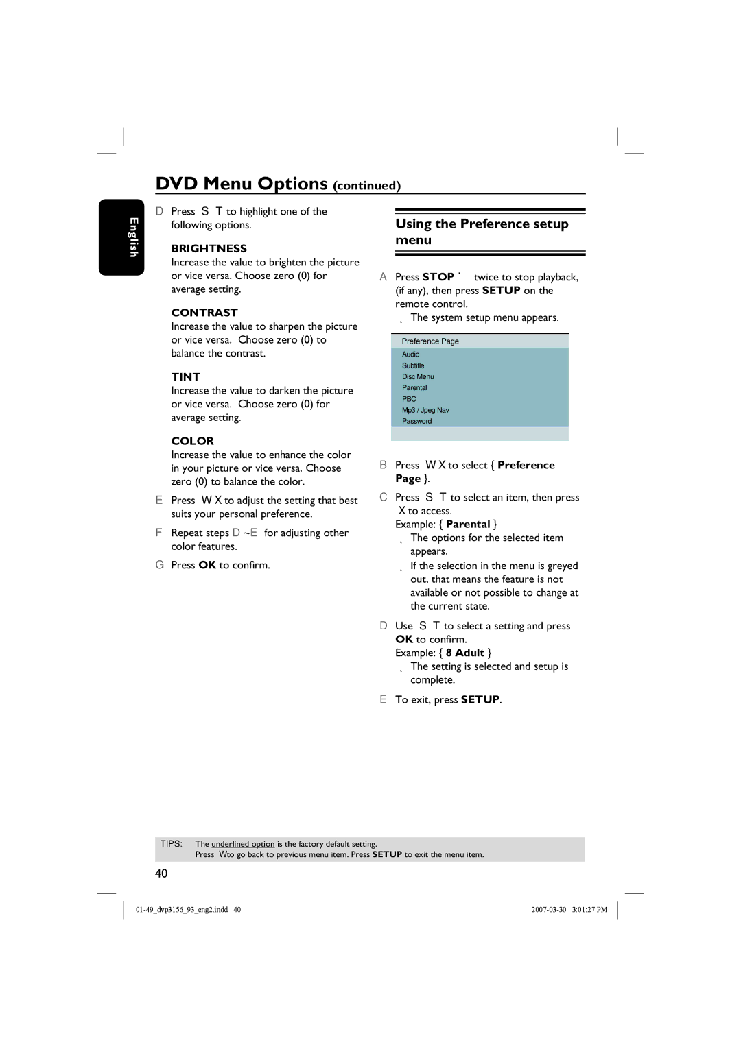 Philips DVP3156/93 user manual Using the Preference setup menu, Press S T to highlight one of the following options 