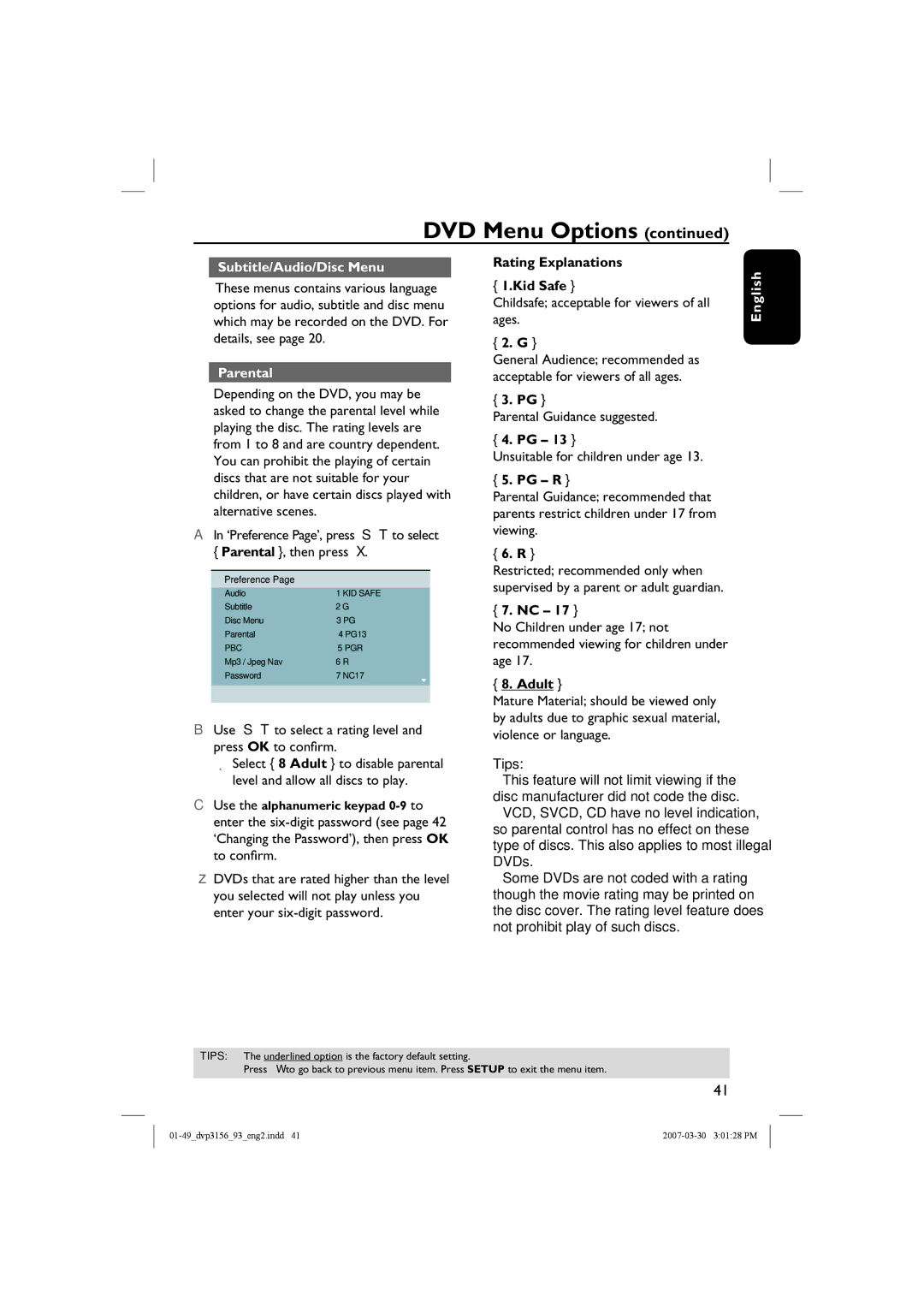 Philips DVP3156/93 user manual Subtitle/Audio/Disc Menu, Parental, Rating Explanations Kid Safe, Pg R, Adult 