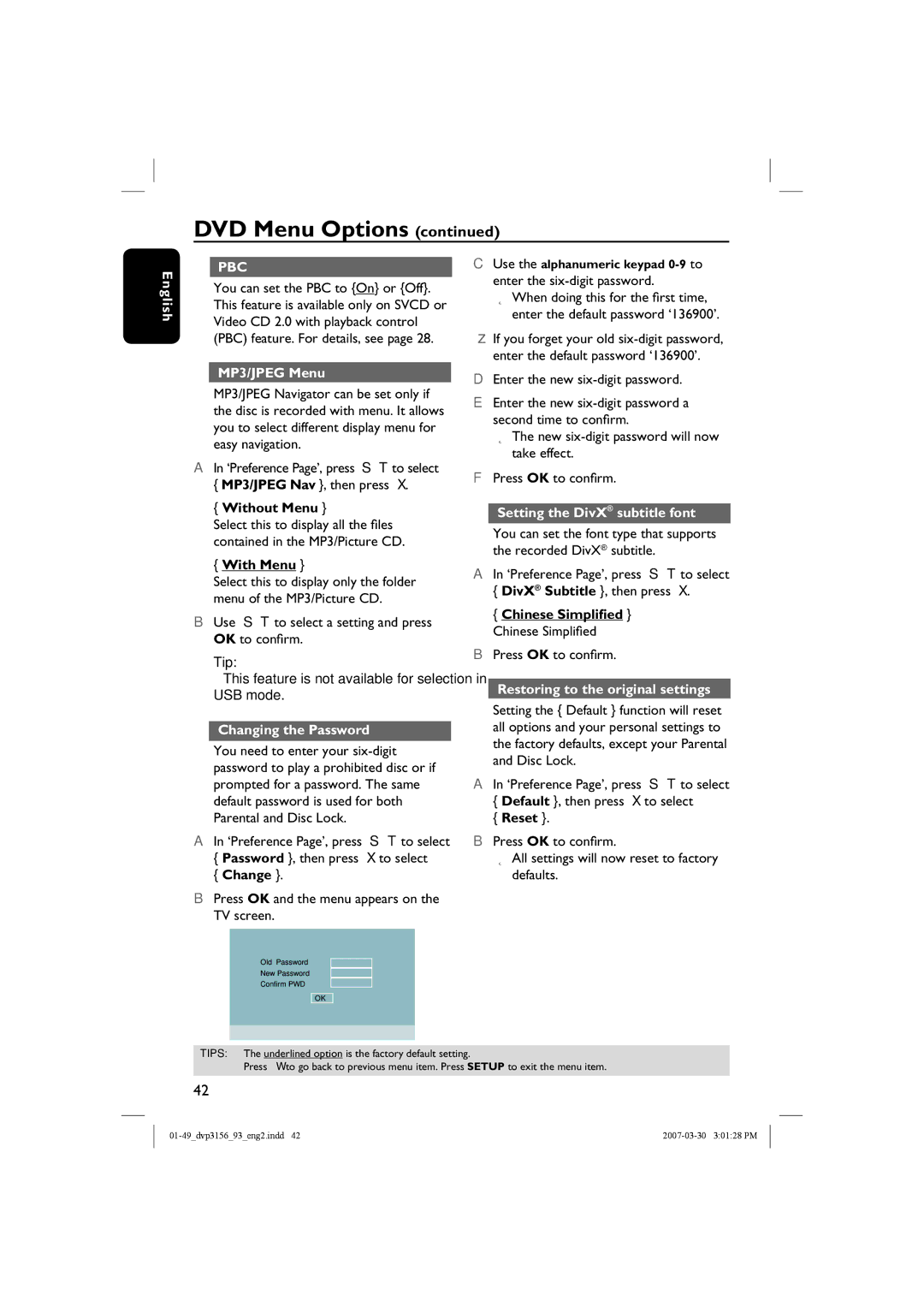 Philips DVP3156 MP3/JPEG Menu, Changing the Password, Setting the DivX subtitle font, Restoring to the original settings 