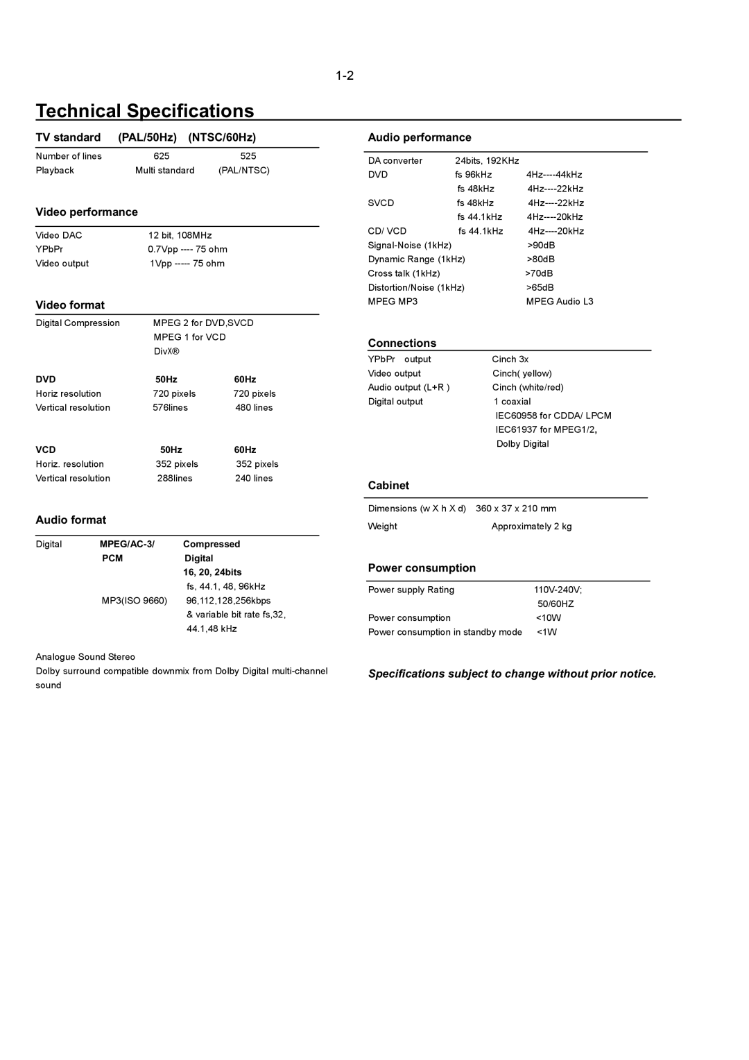 Philips DVP3166(K), DVP3160K, DVP3156 service manual Technical Specifications 