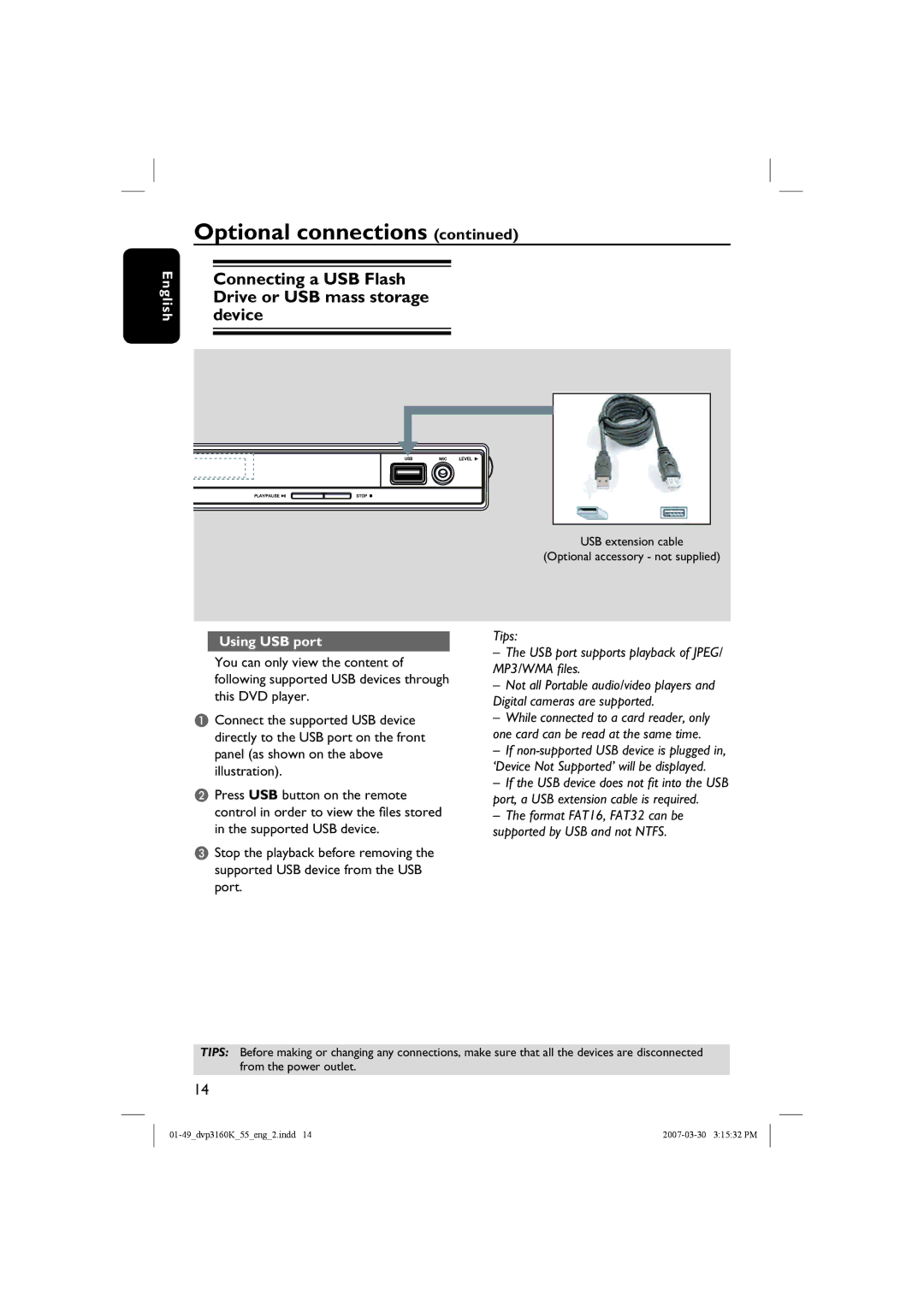 Philips DVP3160K user manual Optional connections, Connecting a USB Flash Drive or USB mass storage device, Using USB port 