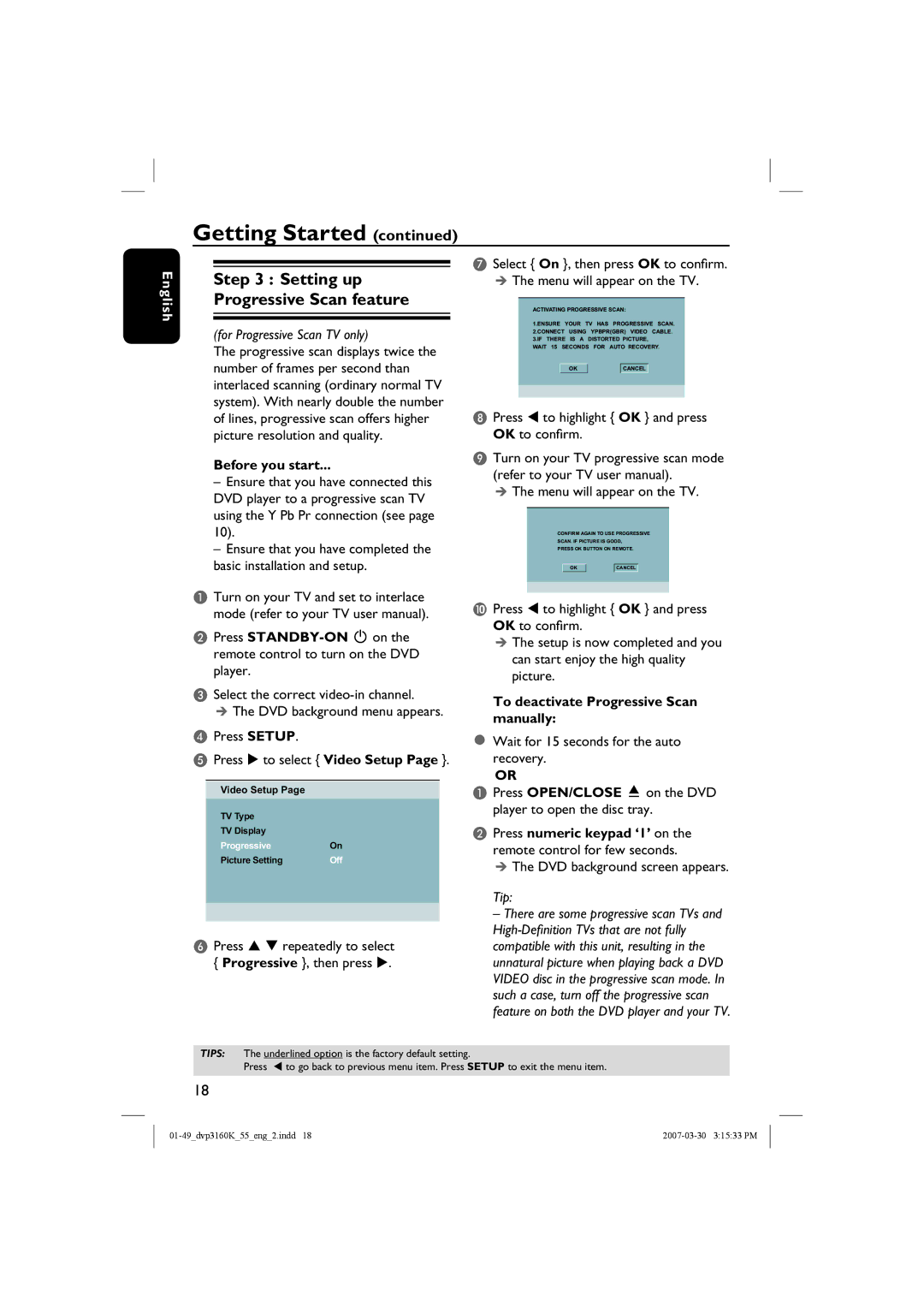 Philips DVP3160K/55 user manual Before you start, To deactivate Progressive Scan manually, DVD background screen appears 