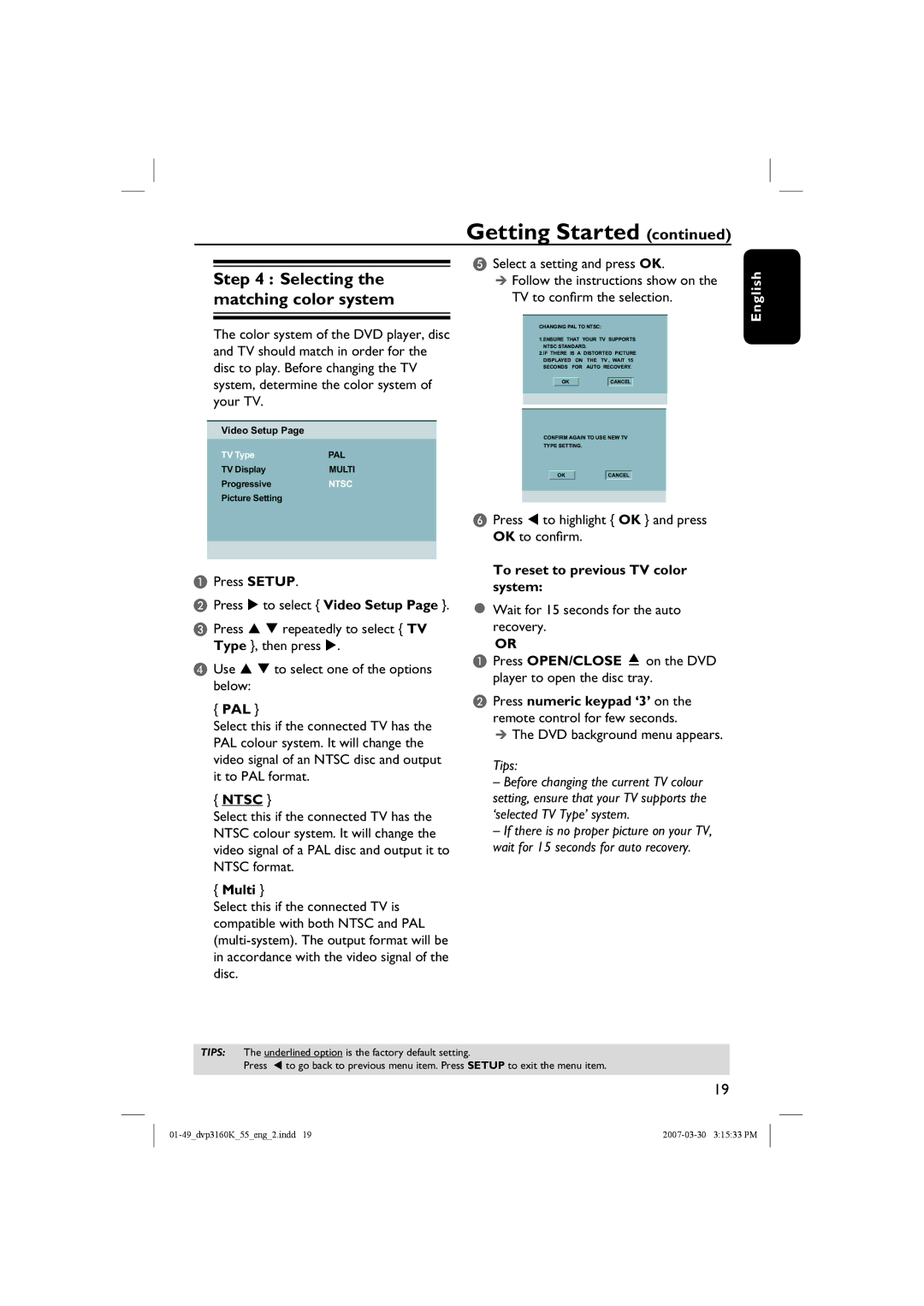 Philips DVP3160K/55 user manual Selecting the matching color system, Pal, Ntsc, Multi, To reset to previous TV color system 