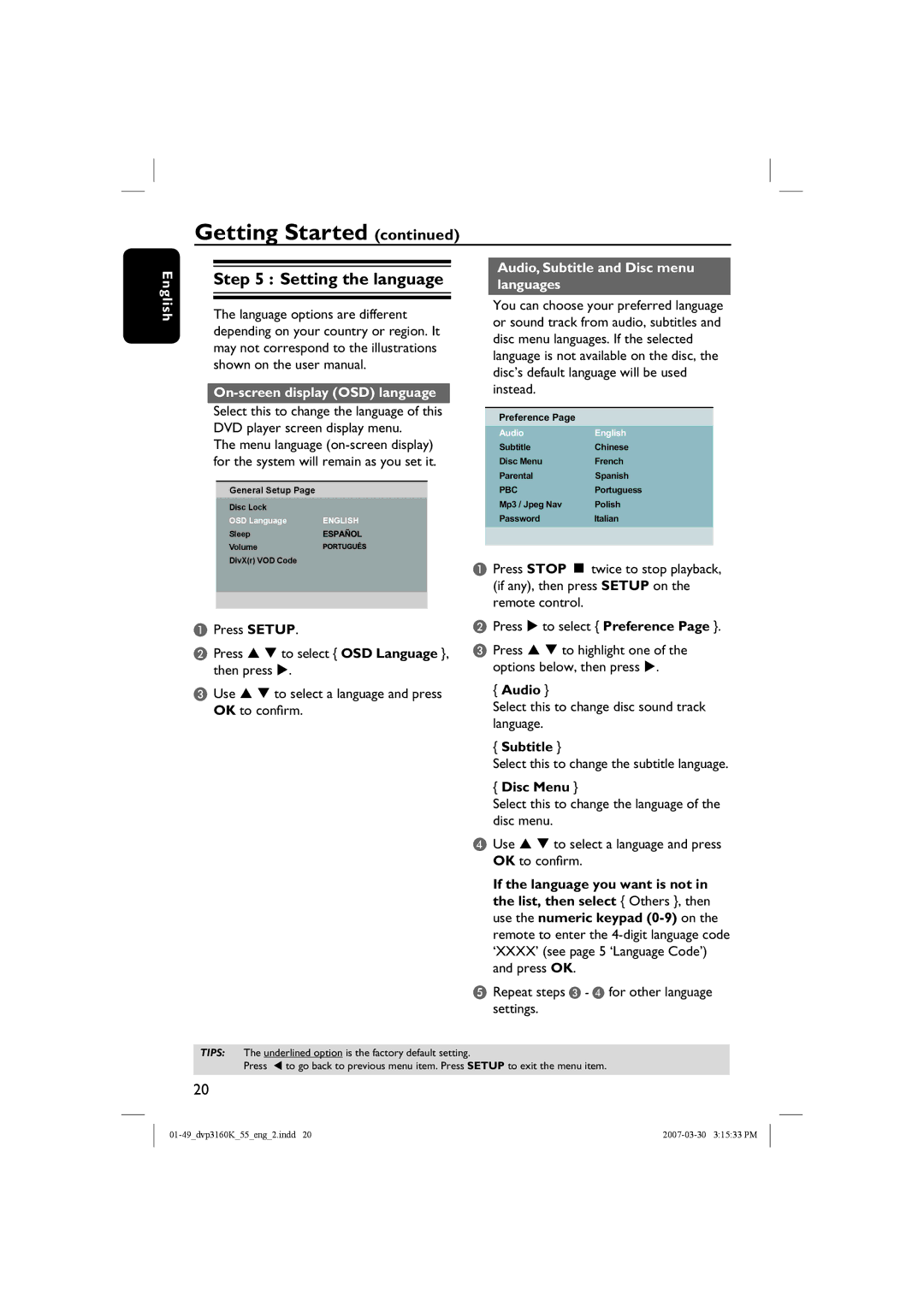 Philips DVP3160K user manual Setting the language, On-screen display OSD language, Audio, Subtitle and Disc menu languages 