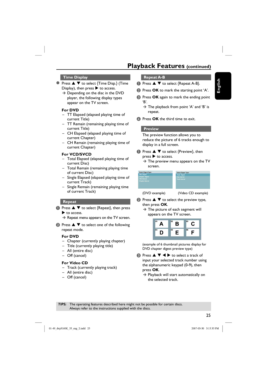 Philips DVP3160K/55 user manual Time Display, Repeat A-B, Preview 