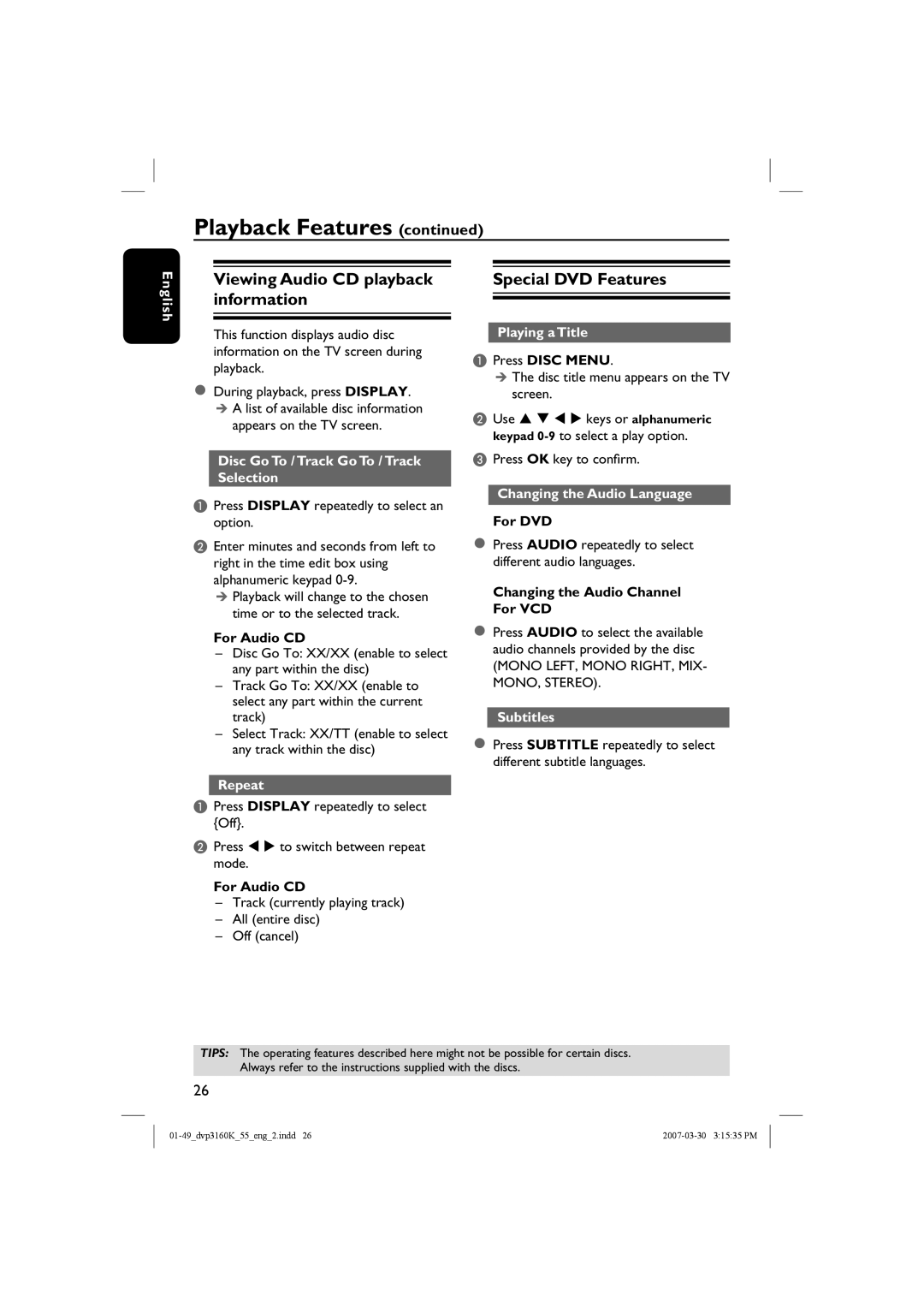 Philips DVP3160K/55 user manual Viewing Audio CD playback information, Special DVD Features 