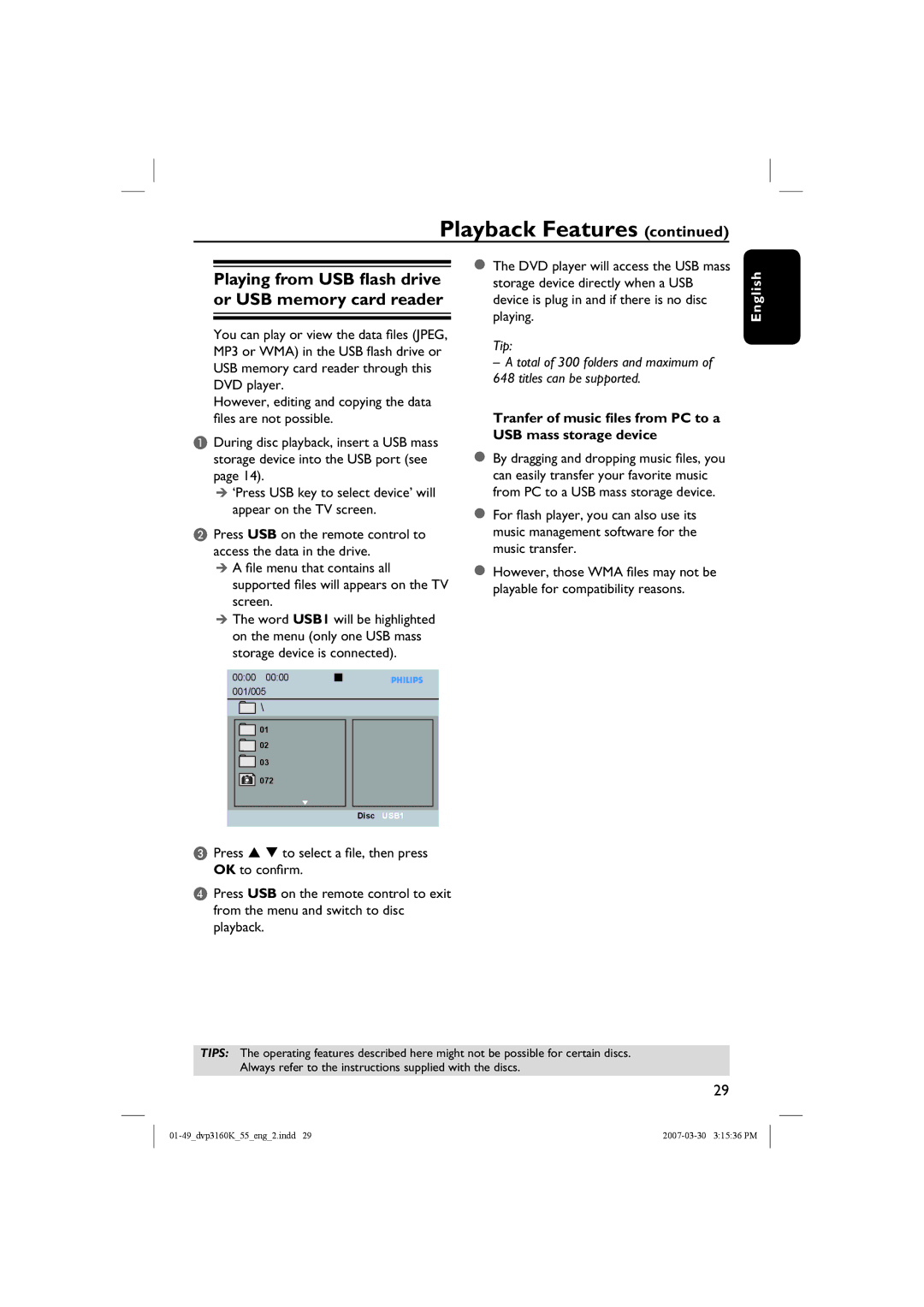 Philips DVP3160K/55 user manual Playing from USB flash drive or USB memory card reader 