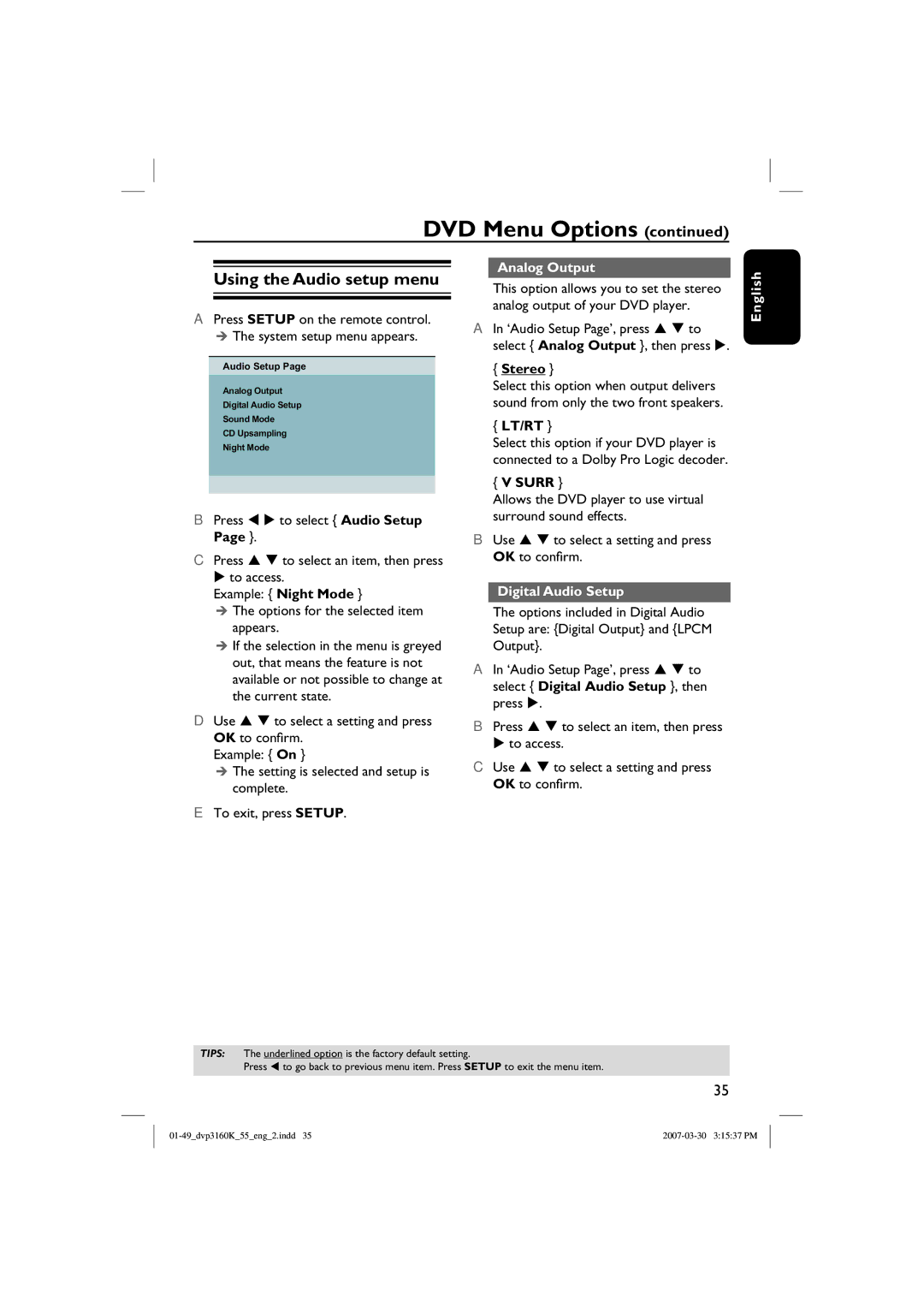 Philips DVP3160K/55 user manual Using the Audio setup menu, Analog Output, Digital Audio Setup 