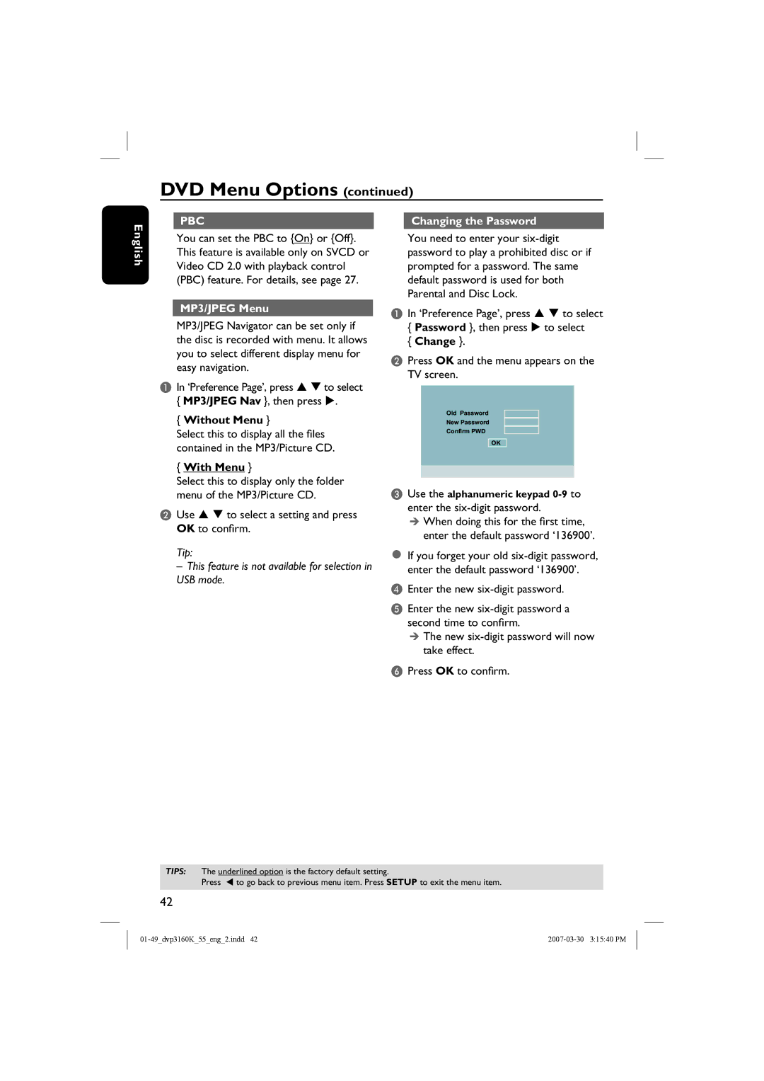 Philips DVP3160K/55 user manual Changing the Password, MP3/JPEG Menu, Without Menu, With Menu, Change 