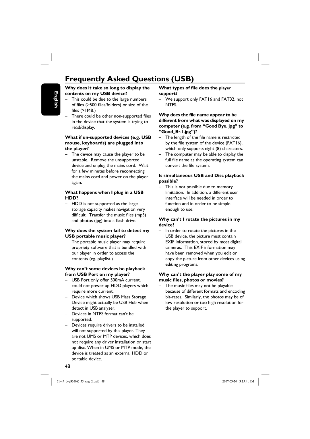 Philips DVP3160K/55 user manual Frequently Asked Questions USB, What happens when I plug in a USB HDD? 